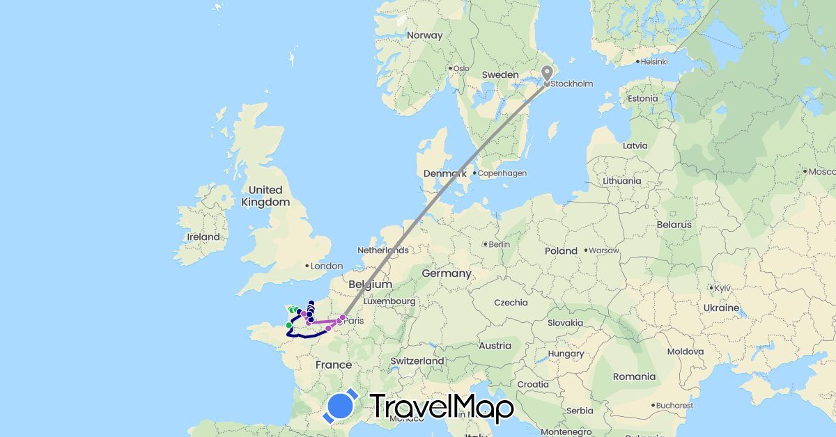 TravelMap itinerary: driving, bus, plane, train in France, Sweden (Europe)