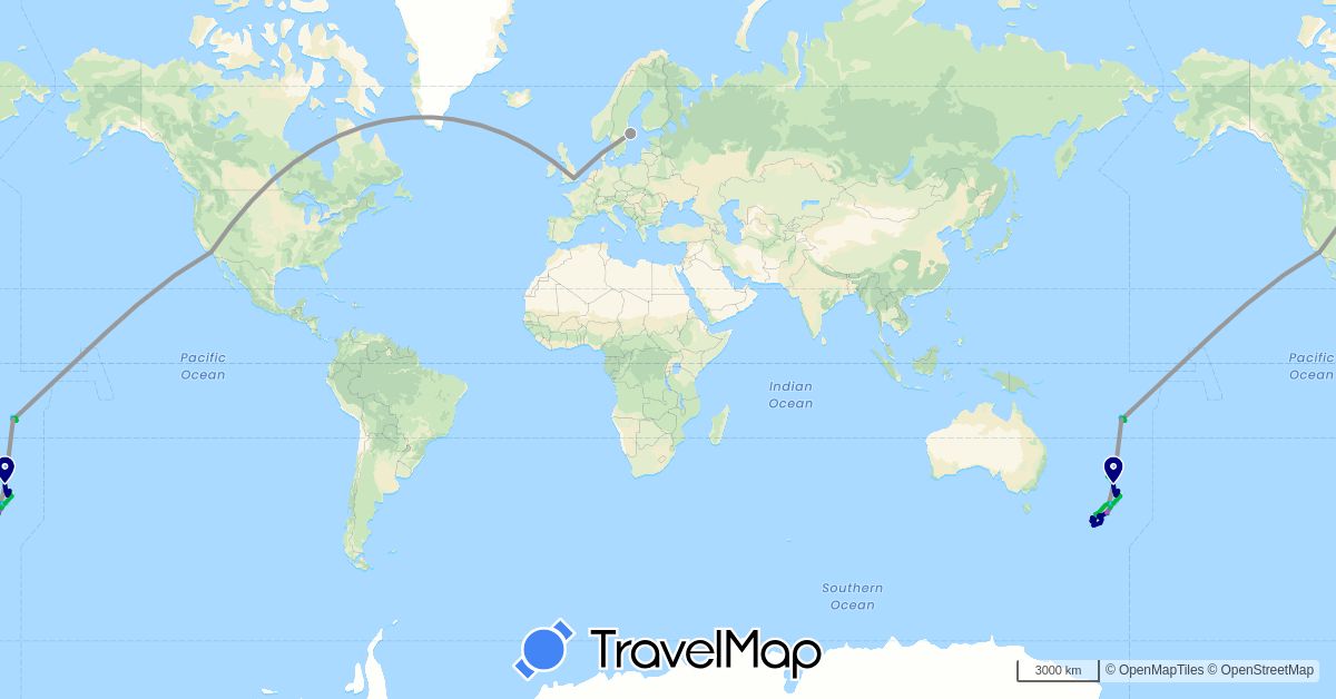 TravelMap itinerary: driving, bus, plane, train, boat in Fiji, United Kingdom, New Zealand, Sweden, United States (Europe, North America, Oceania)