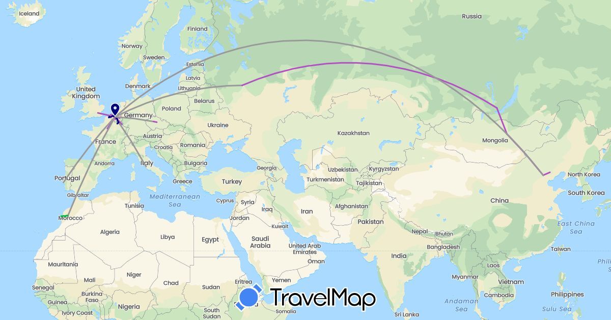 TravelMap itinerary: driving, bus, plane, train in Belgium, China, Czech Republic, France, United Kingdom, Italy, Luxembourg, Morocco, Mongolia, Netherlands, Portugal, Russia (Africa, Asia, Europe)