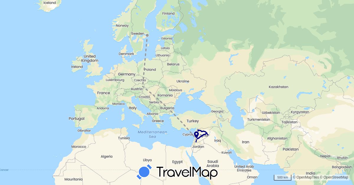 TravelMap itinerary: driving, plane in Austria, Sweden, Syria (Asia, Europe)