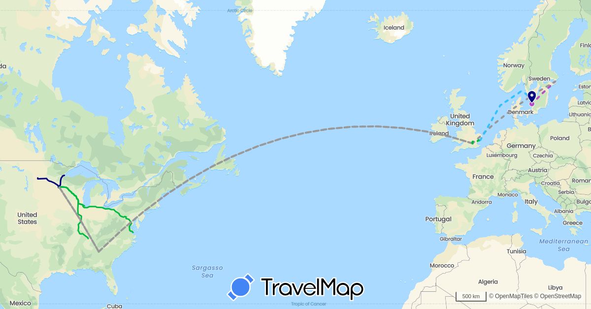 TravelMap itinerary: driving, bus, plane, train, boat in United Kingdom, Sweden, United States (Europe, North America)