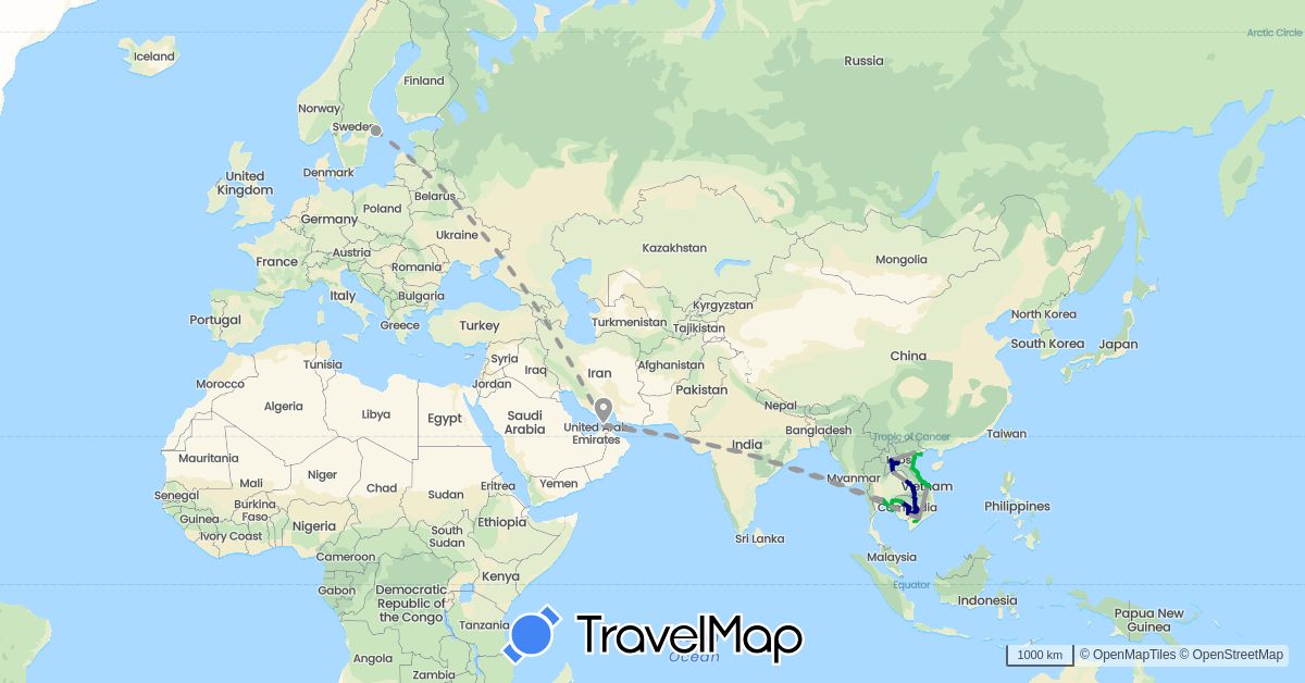 TravelMap itinerary: driving, bus, plane, boat in United Arab Emirates, Cambodia, Laos, Sweden, Thailand, Vietnam (Asia, Europe)