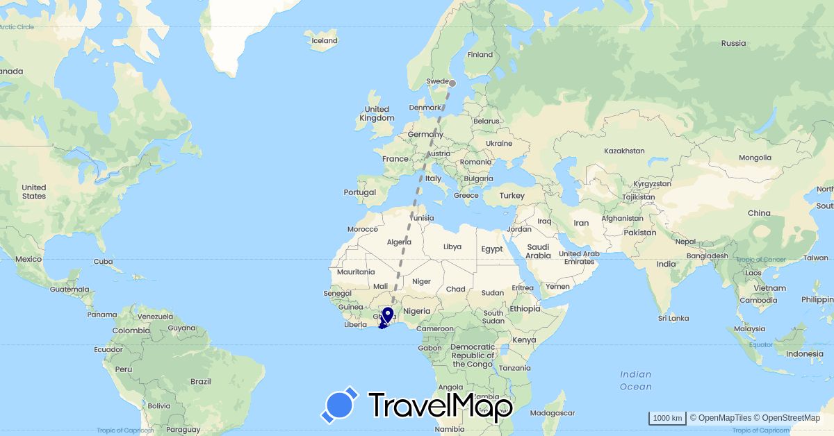 TravelMap itinerary: driving, plane, boat in Ghana, Sweden (Africa, Europe)