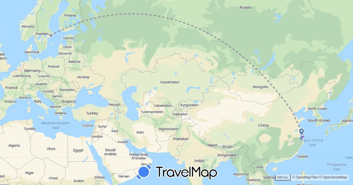 TravelMap itinerary: driving, plane, cycling, train in China, Sweden (Asia, Europe)