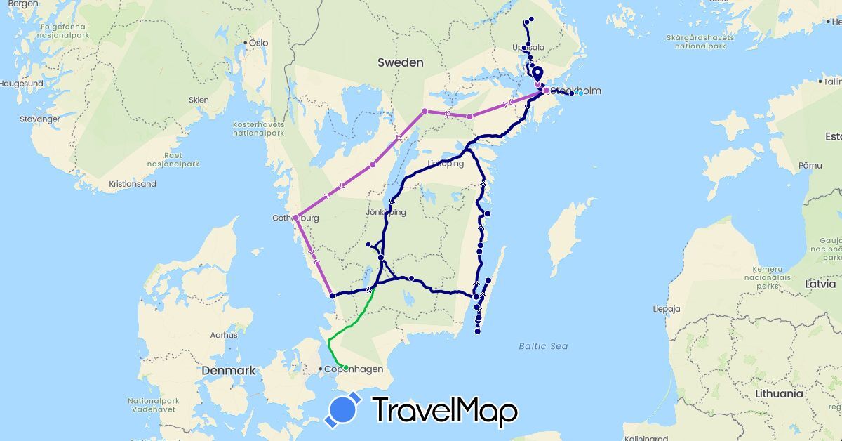 TravelMap itinerary: driving, bus, train in Sweden (Europe)
