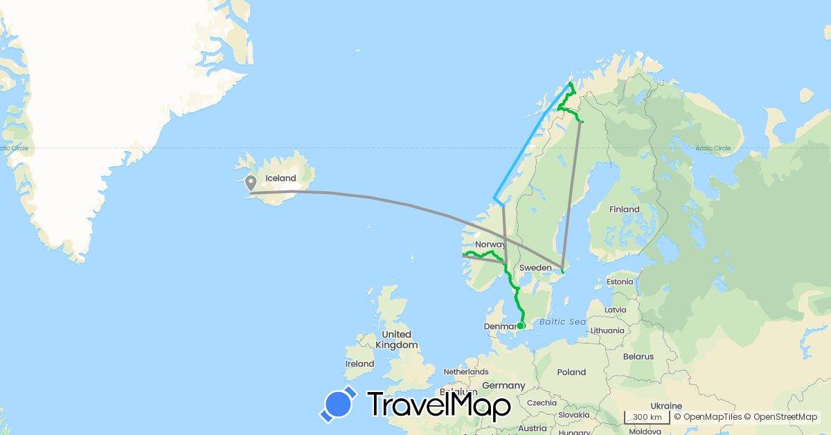 TravelMap itinerary: driving, bus, plane, boat in Denmark, Iceland, Norway, Sweden (Europe)